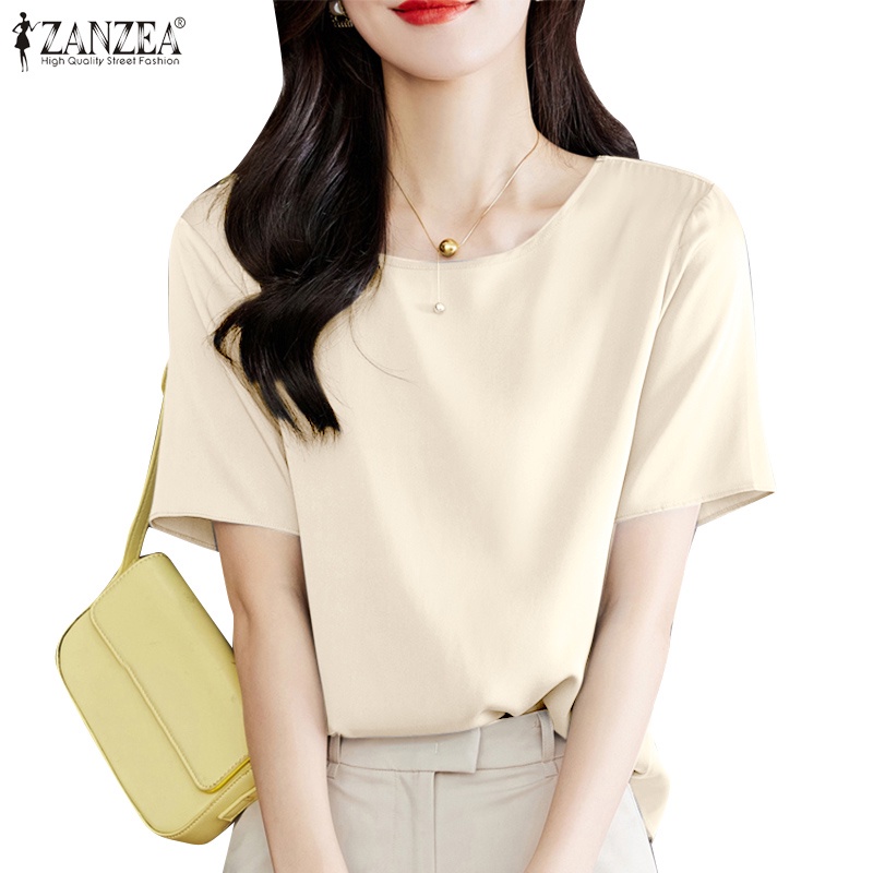 ZANZEA Áo Sơ Mi Vải Satin Tay Ngắn Cổ Tròn Màu Trơn Thời Trang Cho Nữ