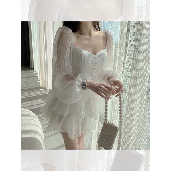 Váy liền thân xoè 2 tầng cổ tay dài bồng nhẹ nhàng dễ thương