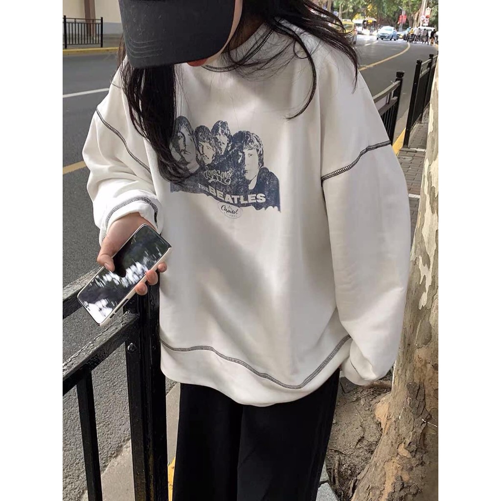 Hoodie in hình the beatles dài tay ♥ Áo nỉ kẻ viền đen trắng form rộng cá tính ♥ | BigBuy360 - bigbuy360.vn
