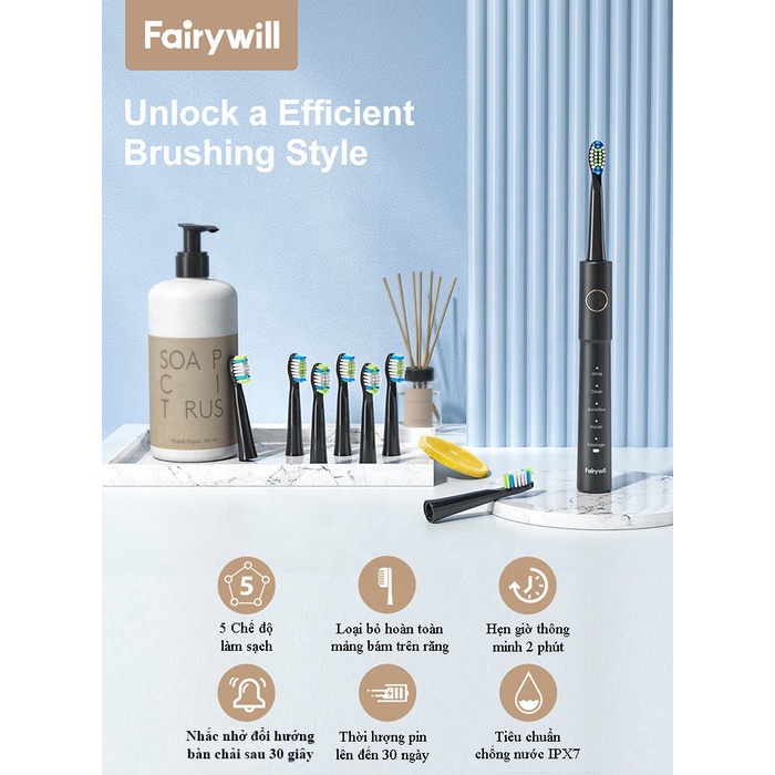 Bàn chải đánh răng điện Fairywill E11+ 8 đầu bàn chải thay thế+Hộp du lịch+Công nghệ làm sạch bằng sóng siêu âm NK21