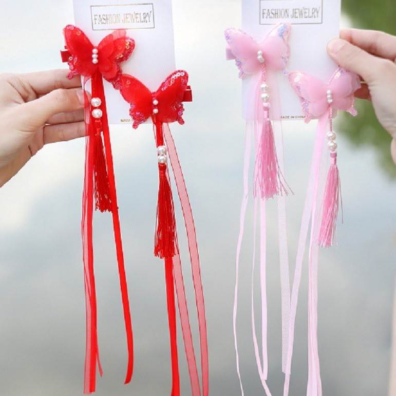 ( 1 đôi ) Cài tóc Nơ Bướm Hạt Trắng kẹp phụ kiện tóc nữ phong cách cổ trang đáng yêu xinh xắn