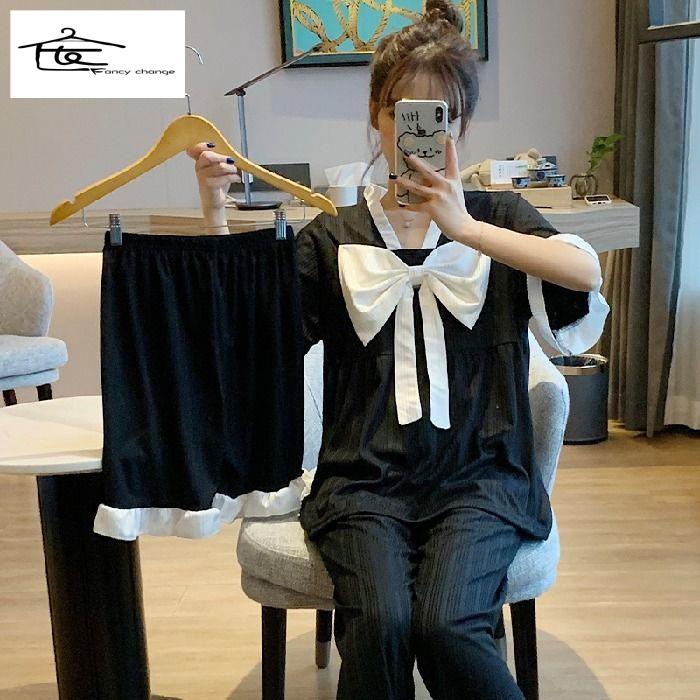 Bộ Đồ Ngủ Pijama Ba Món Dáng Rộng Phong Cách Công Chúa Hàn Quốc Thời Trang Xuân Hè Ngọt Ngào Cho Nữ