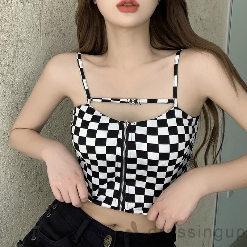 Áo Hai Dây Họa Tiết Kẻ Ô Vuông Thời Trang Cho Nữ