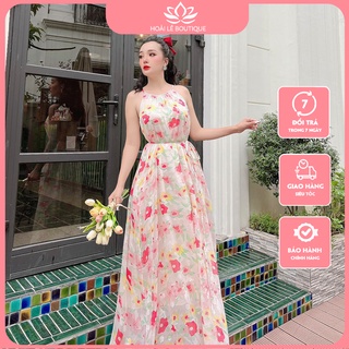 Đầm maxi vải voan tơ thêu hoa hồng dáng suông dự tiệc hay du lịch cực xinh xắn