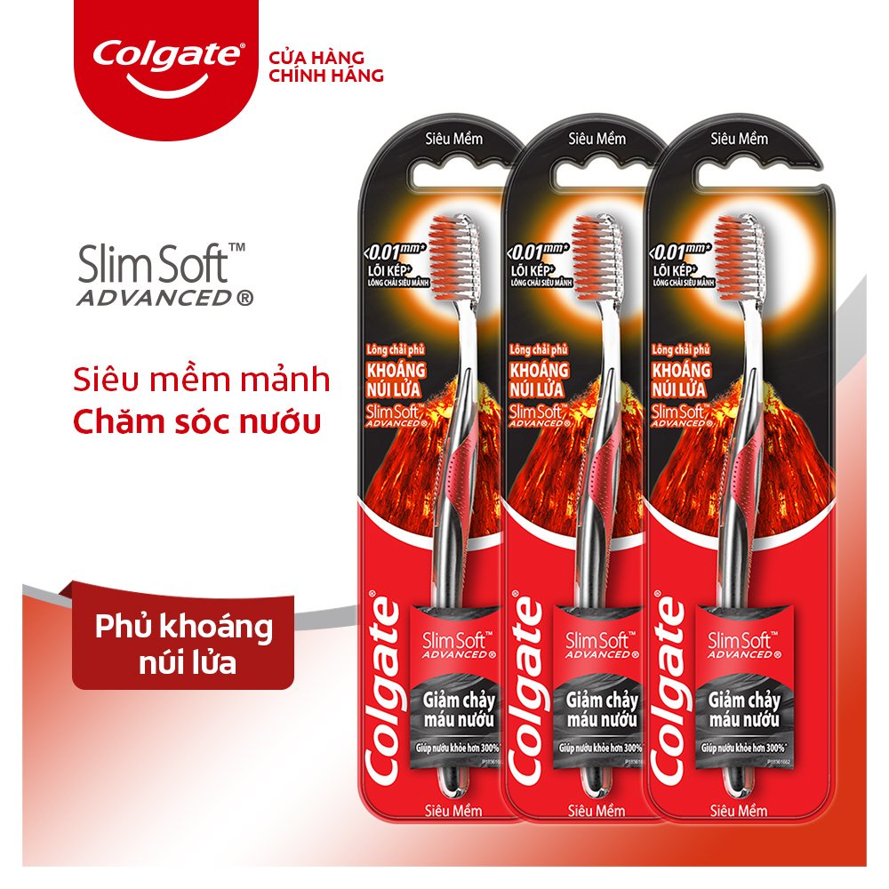 Bộ 3 bàn chải Colgate SlimSoft Advanced khoáng núi lửa siêu mềm mảnh chăm sóc nướu
