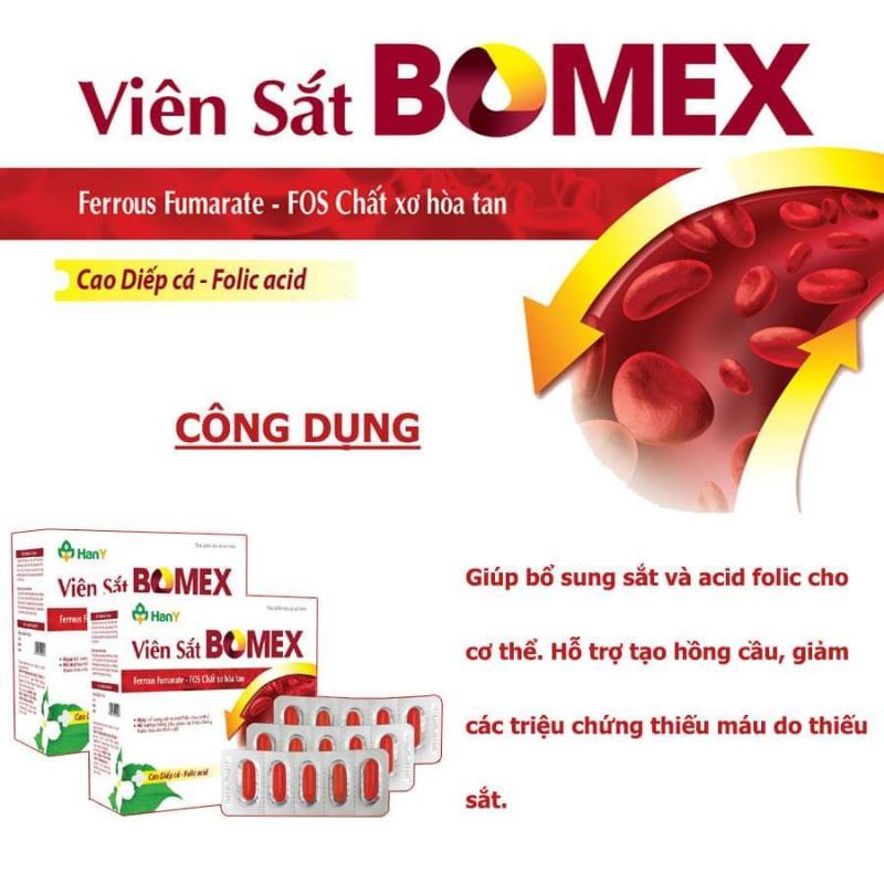 VIÊN SẮT BOMEX bổ sung sắt và acid folic. Hỗ trợ tạo hồng cầu, tạo máu cho cơ thể