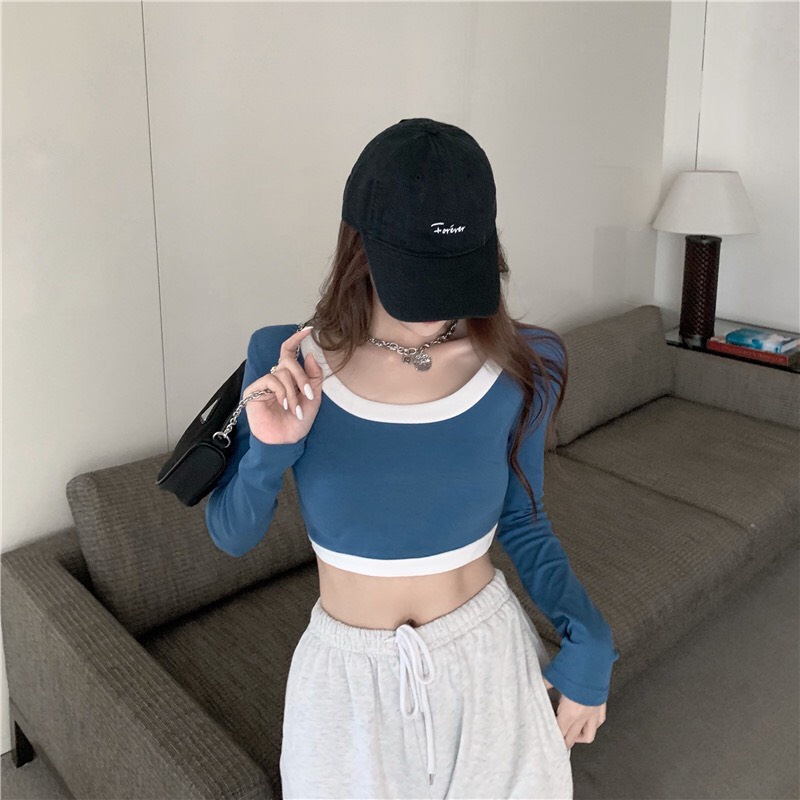 ÁO THUN NỮ CROPTOP TAY DÀI CỔ TRÒN MÀU XANH VIỀN TRẮNG CỰC ĐẸP - ENTI HOUSE