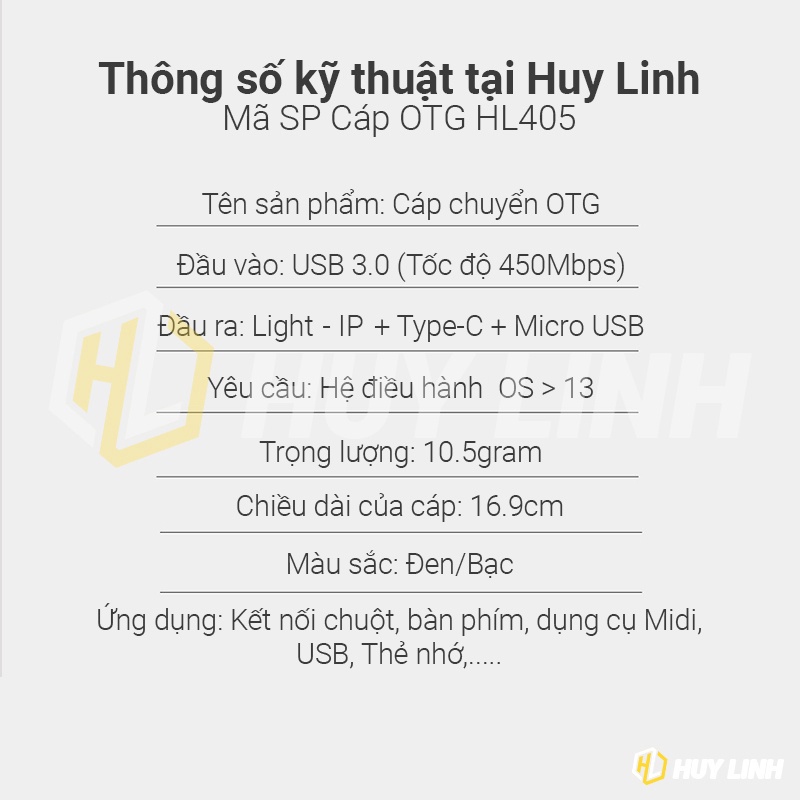 Cáp OTG Táo, Type-C và Micro ra USB 3.0 - Nhôm nguyên khối dài 18cm dây dù HL405