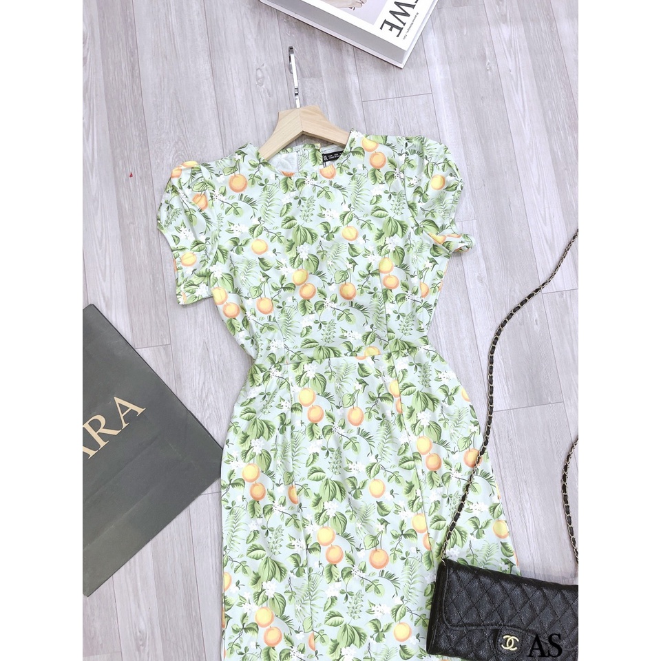 Váy Hoa Xanh Hở Lưng Cúc Ngọc Xẻ Tà Hàng Loại 1 Cực Đẹp V110