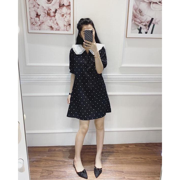 Đầm Nữ Suông Chấm Bi Cổ Bèo Trắng