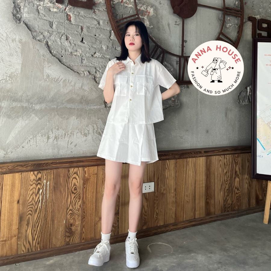 Set áo sơ mi cổ đức cộc tay thô đũi dáng croptop kèm quần giả váy ngắn vạt lệch, set đồ nữ áo sơ mi và quần giả váy ngắn