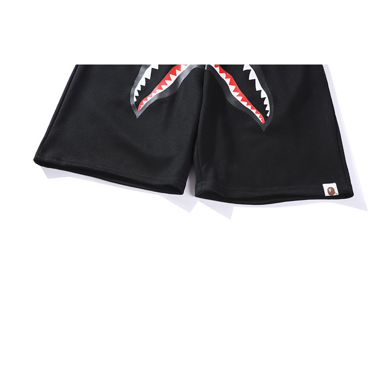 ◐►✜Quần Short Bape Mỏng Dáng Rộng Co Giãn Tốt In Hình Đầu Cá Mập Màu Đen Thời Trang Cho Nam Và Nữ