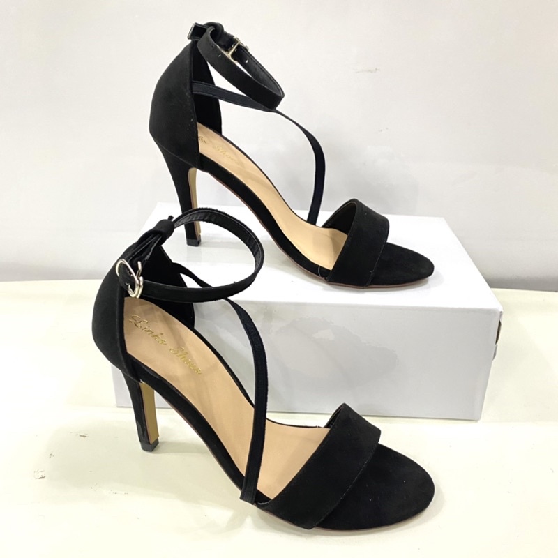 Giày sandal cao gót kiểu dáng quai chéo mũi tròn chất liệu da lộn 2 màu linkshoesTT36