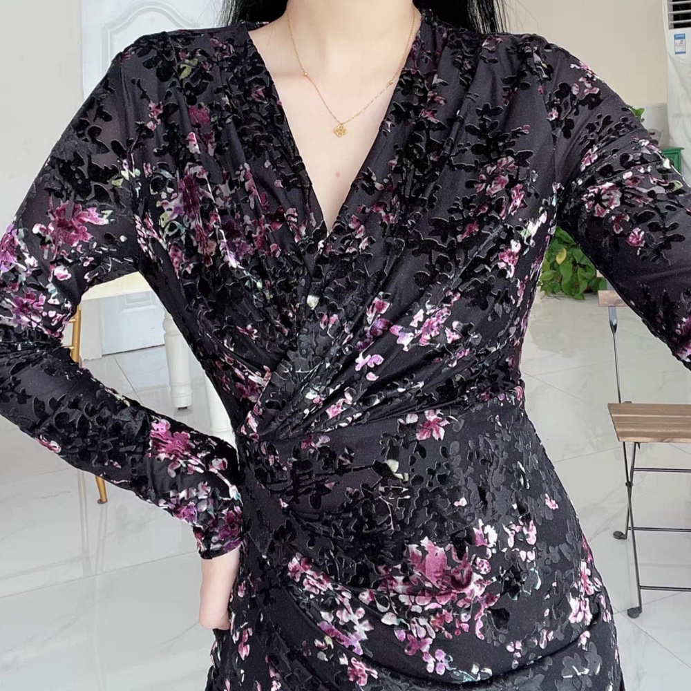 Đầm Body Kann Model Nhún Eo Cổ Chữ V Dài Tay Họa Tiết Hoa Tím Che Khuyết Điểm Tôn Dáng vải Chiffon HV73