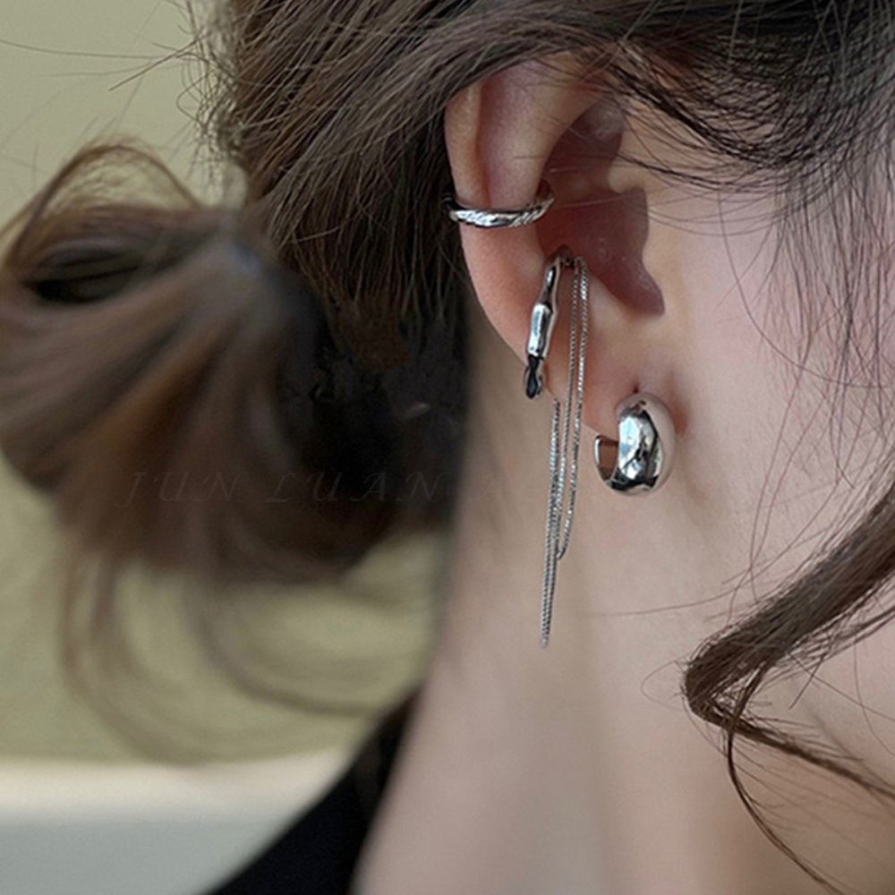 Set 4 khuyên tai dạng kẹp không xỏ lỗ họa tiết hình học phong cách Hàn Quốc thời trang cho nữ