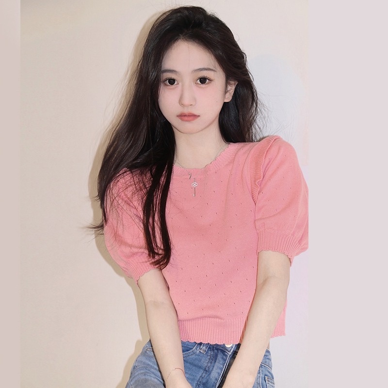 [Hana And Alice] Áo Thun Tay Ngắn Dệt Kim Thiết Kế Sang Trọng
