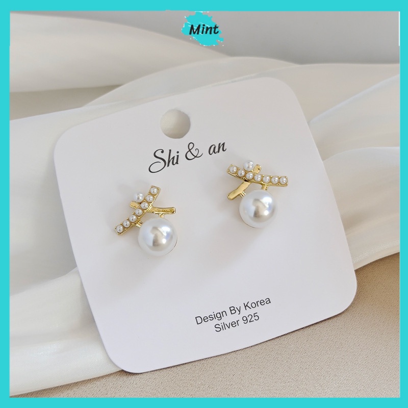 Bông Tai Ngọc Trai Giả ❤️KHÔNG GÂY DỊ ỨNG❤️ Khuyên Tai Chữ X Chuôi Bạc S925 Phong Cách Hàn Quốc
