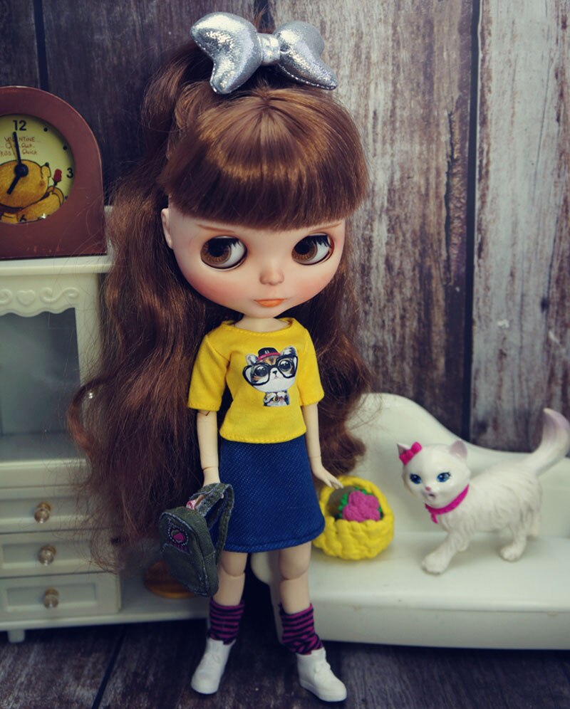 Set áo thun in hình mèo Kitty + Chân váy jean thời trang cho búp bê Blythe tỉ lệ 1/6