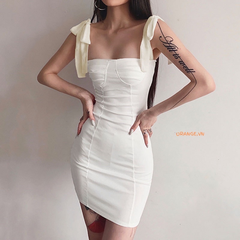 Lona Dress - Váy hai dây body cột nơ màu trắng, đen