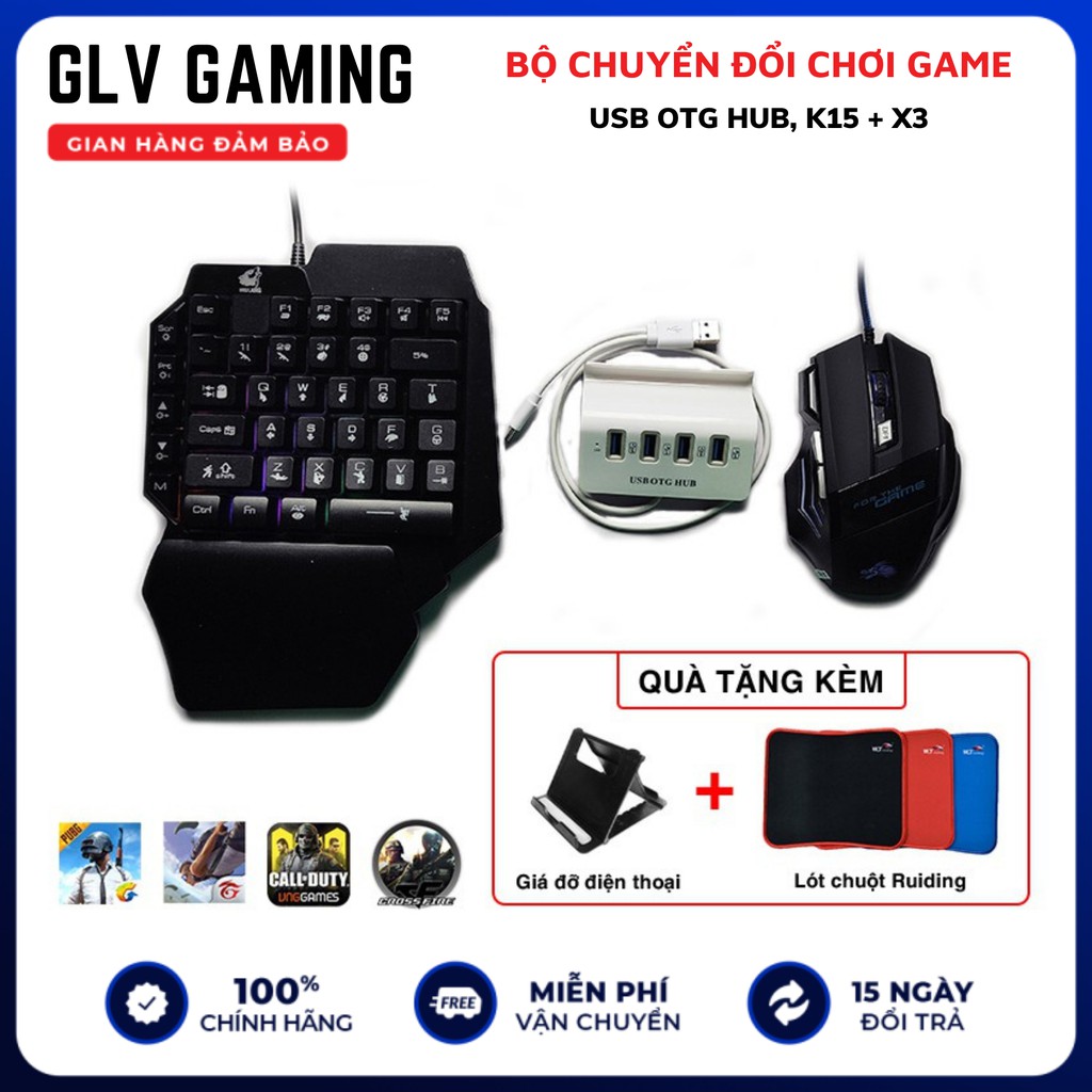 Combo USB OTG HUB và bàn phím K15 chuột gaming X3 chơi Free Fire, Call of Duty