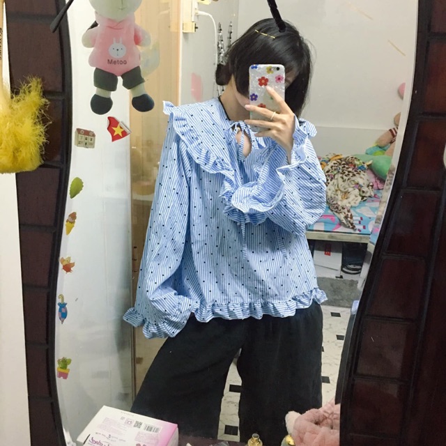 Thanh lý áo sơ mi xanh chấm bi còn tag
