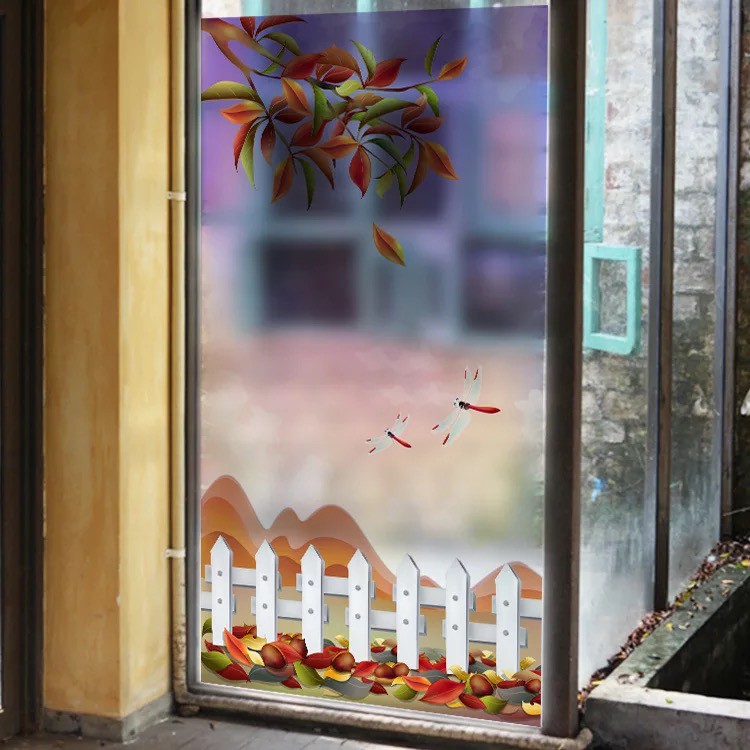 Decal trang trí kính cao cấp mẫu hàng rào trắng và lá mùa thu rơi (60cm x 116cm)