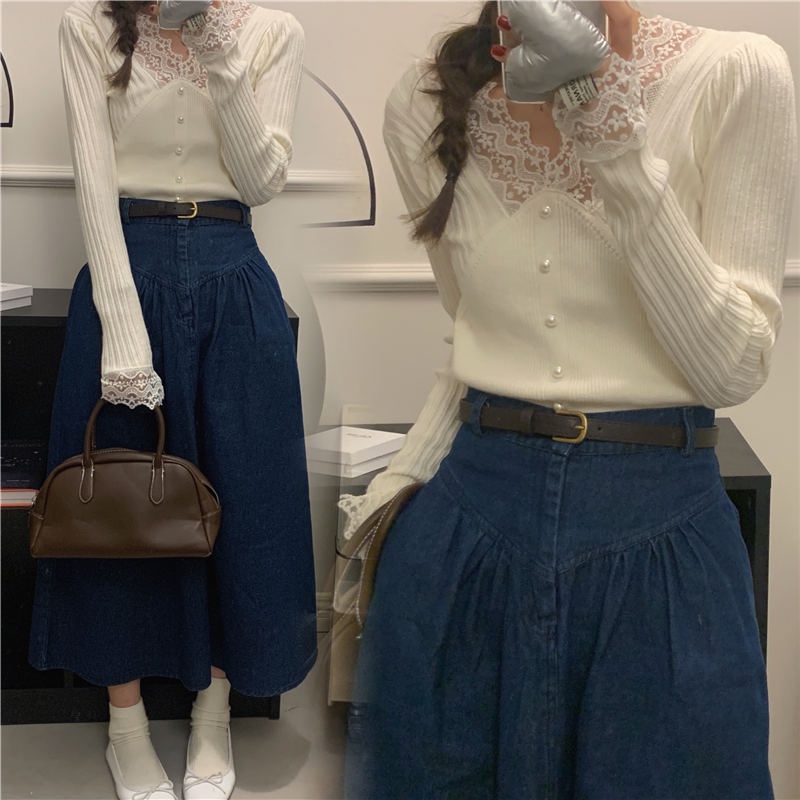 SUXI Áo Dệt Kim Tay Dài Màu Sắc Trơn Dáng Ôm Phối Ren Phong Cách Hàn Quốc Thời Trang Cho Nữ