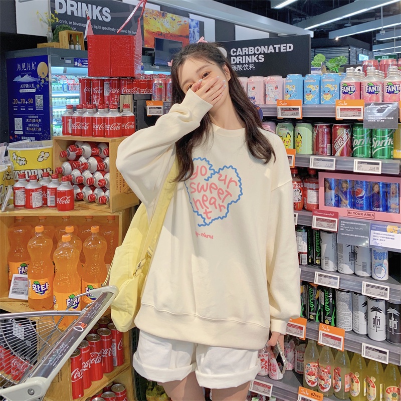 Áo sweater tay dài dáng rộng in hình trái tim thời trang Hàn Quốc