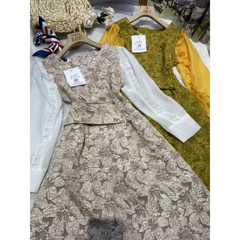 Đầm gấm xốp phối tay siêu cấp ( kèm hình thật)