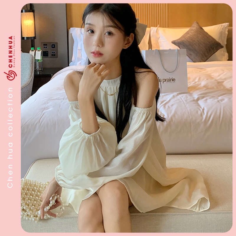 Váy hở vai dài tay ChenHua đầm ngắn xòe đi chơi style hàn quốc đẹp VT163