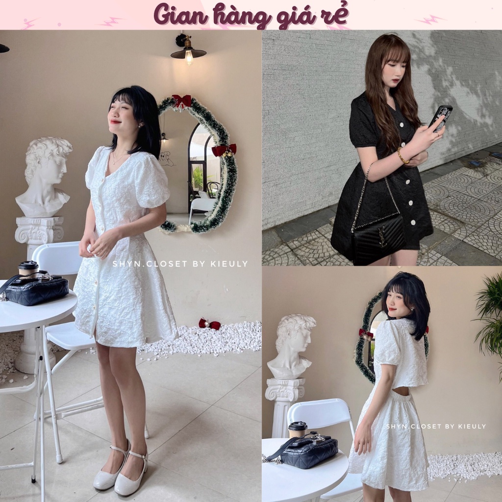 Diamond Dress - Đầm nữ cổ V gấm nổi tay phồng dáng xoè đính cúc ngọc sang Váy tiểu thư hở lưng chun khoét eo