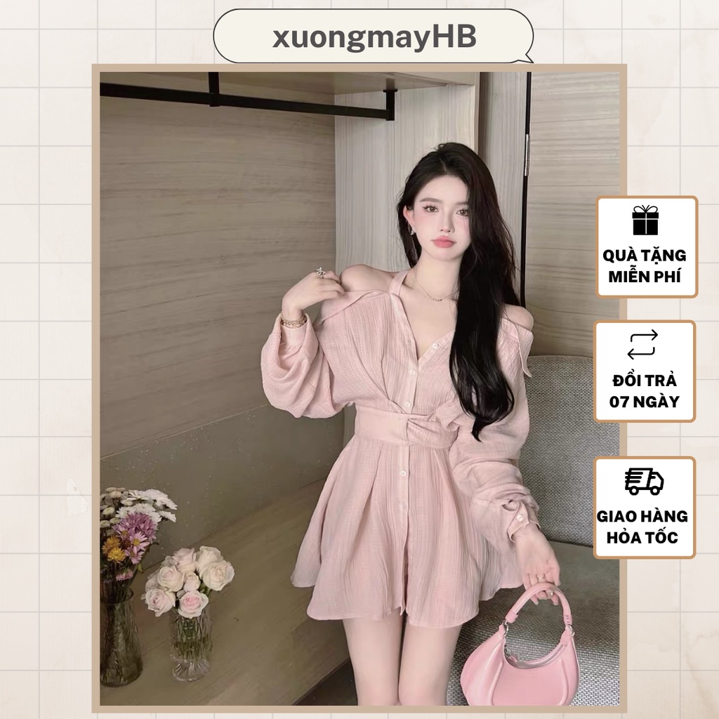 Set đầm nữ trễ vai tay dài kèm quần short ngắn HB 2 màu hồng, trắng S110