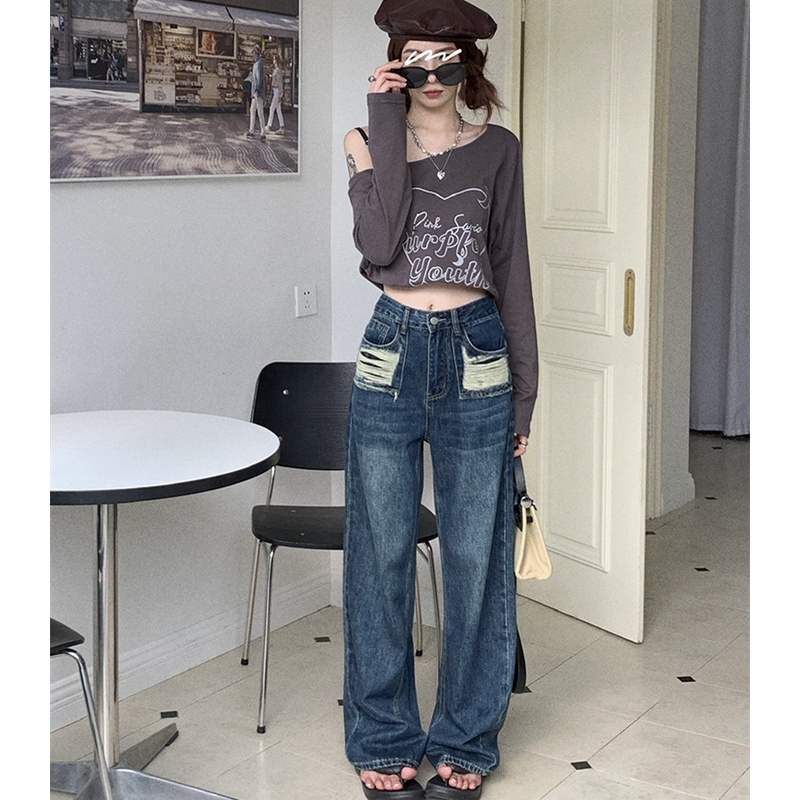 Quần Jean Dài Dáng Rộng Ống Suông Phối Vải Rách Thời Trang Mùa Thu