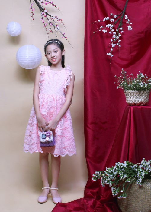 Đầm tiệc bé gái ren hoa hồng GDT004 Jadiny