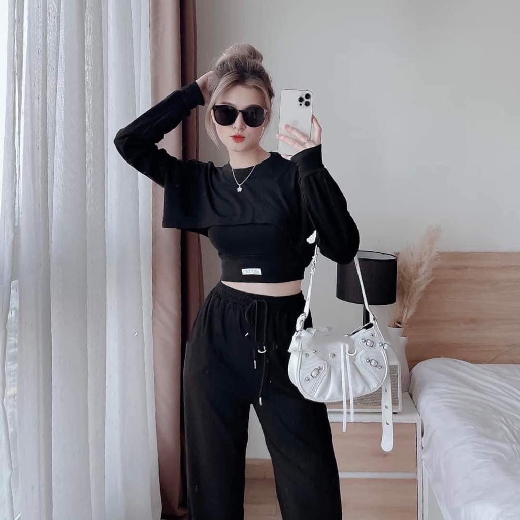 Set 3 món croptop len tăm thêu chữ quần ống rộng dài tay thu đông đồ bộ nữ thể thao MIVOSA 060