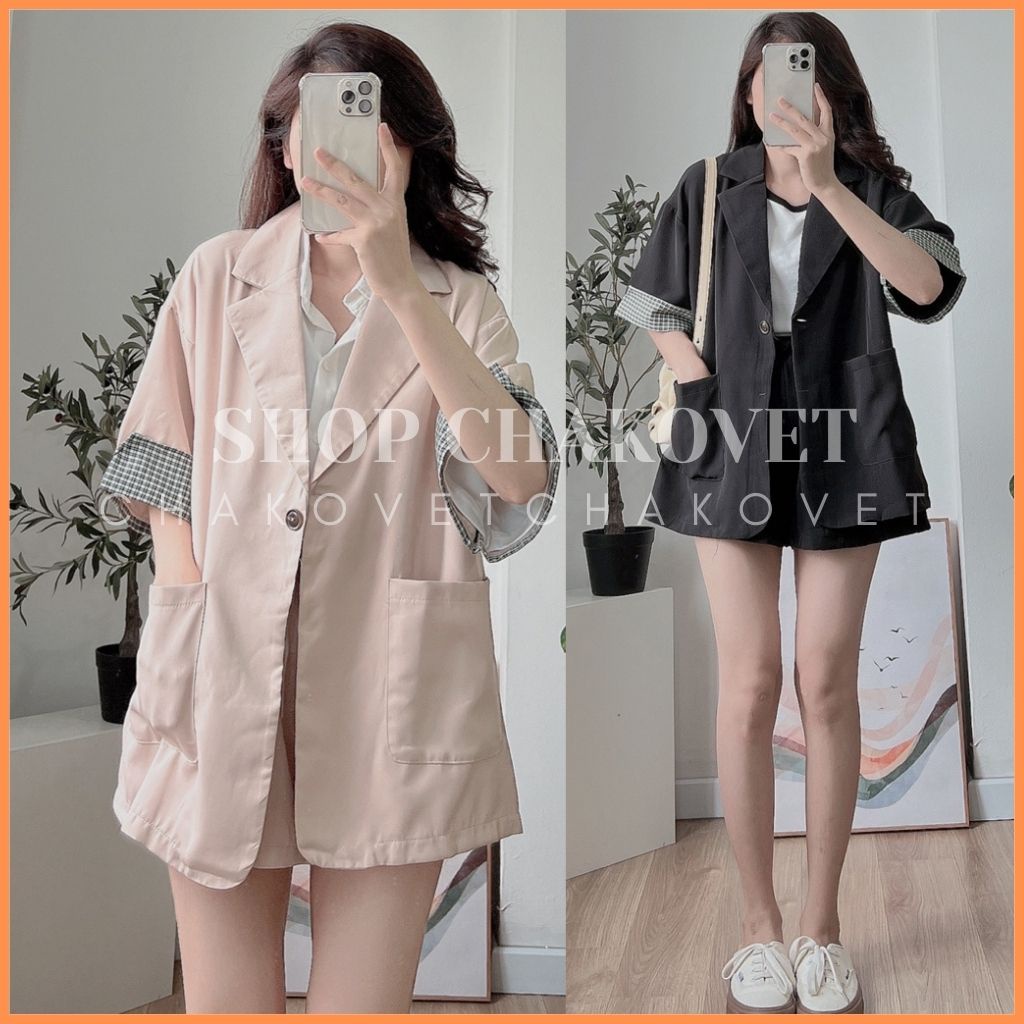 Set áo blazer nữ kèm quần S8305 kiểu áo vest nữ 1 lớp cộc tay pha kẻ 2 túi hộp, bộ đồ 2 món sang chảnh mùa hè - CHAKOVET