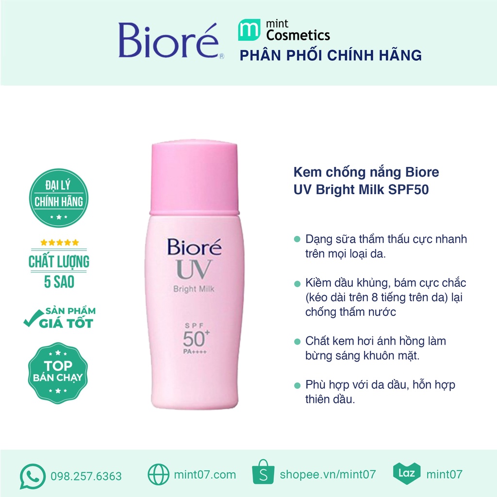 Kem Chống Nắng Biore Bright Face Milk SPF 50+ 30ml