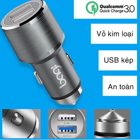 Củ sạc Ô tô sạc nhanh Qualcomm 3.0 2 cổng USB thương hiệu Bagi / Made in Việt Nam (Màu Xám)-CCO30