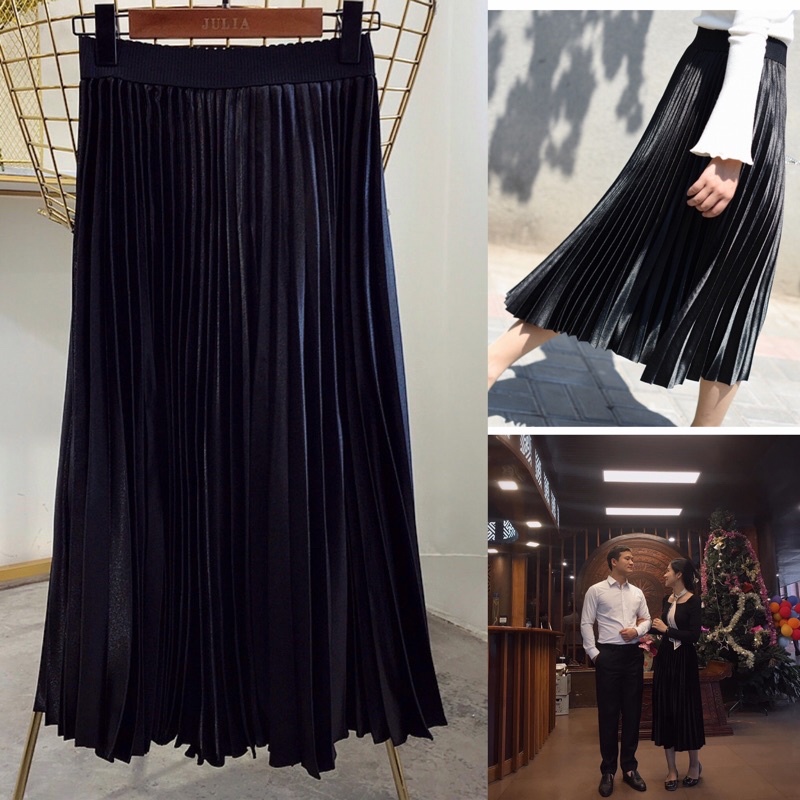 Chân váy midi Julia Studio màu đen, form vừa cho các cô nàng chân ngắn