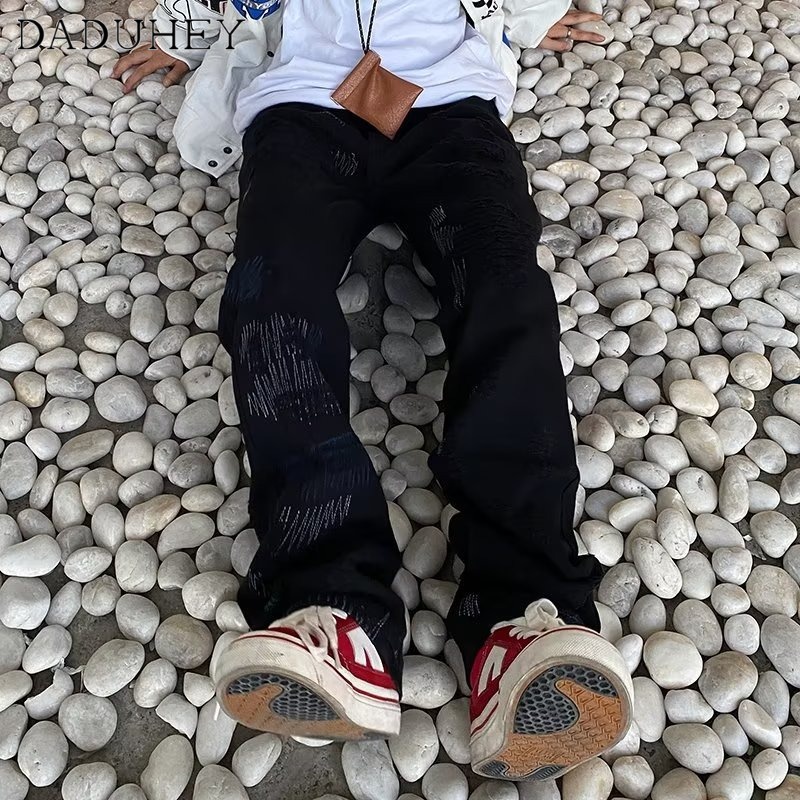 DaDuHey Men's Summer New 2022 Hong Kong Style Fashion Casual Pants Hip Hop Cool Ins Trendy High Street Fashionable Jeans
