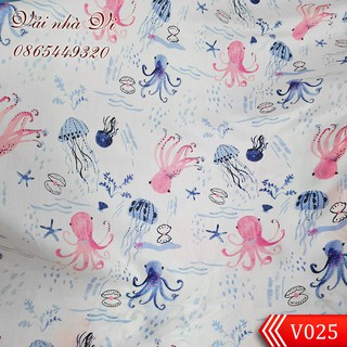 Vải thô mặt lụa họa tiết sinh vật biển vui mắt - V025