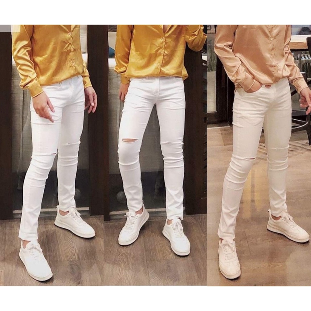 Quần jean nam ống ôm màu trắng rách gối chất bò co giãn bốn chiều thời trang cao cấp NEWSHOP702
