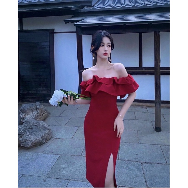 Đầm nữ sexy ,đầm midi đỏ bẹt vai nhún bèo xẻ đùi quyến rũ