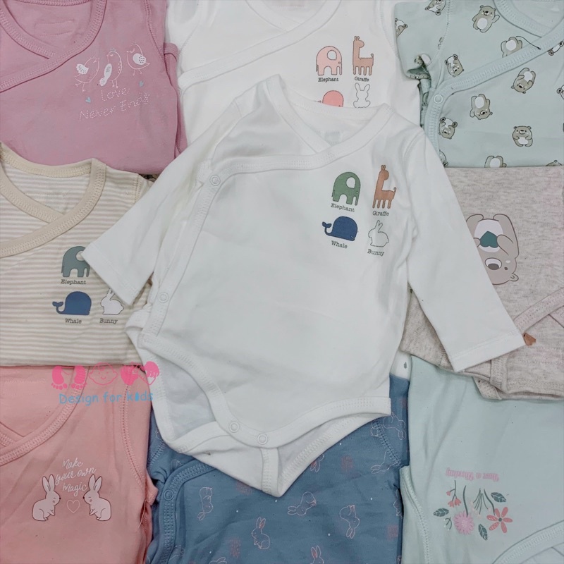 (Link 2) Bodysuit cho bé, bộ body chip dài tay cài cúc VẠT CHÉO vải ORGANIC cotton hàng xuất dư MU.J