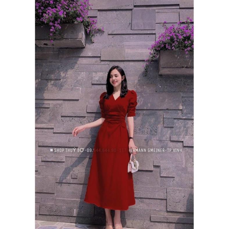 [ẢNH THẬT + VIDEO] Đầm nữ dáng dài tay phồng cổ chữ V nhún eo | BigBuy360 - bigbuy360.vn
