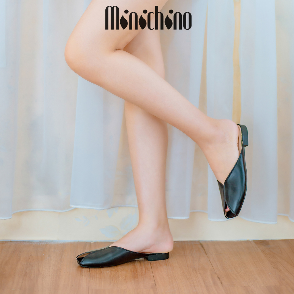 Giày sục nữ MINICHINO dép nữ hình quả trám hở mũi thời trang màu đen TC035