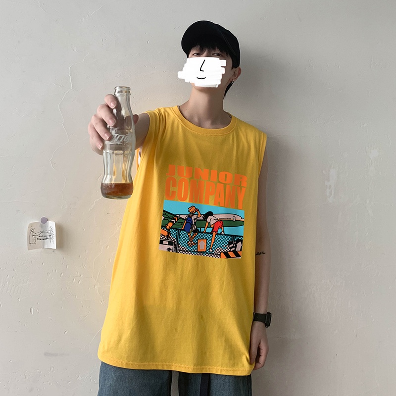 Áo ba lỗ thể thao dáng rộng phối họa tiết hoạt hình phong cách hiphop thời trang mùa hè cho nam