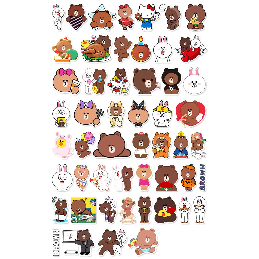 [Set 50 Cái] Bộ Sticker gấu brown và thỏ cony dán trang trí laptop, mũ nón bảo hiểm, vali, xe tay ga, ván trượt - DB.029