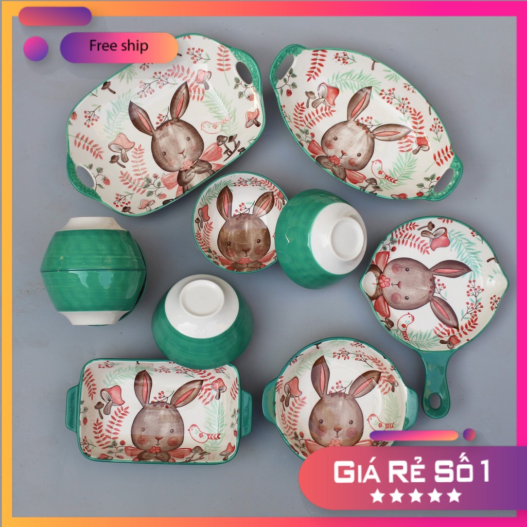 Set Bát Đĩa 💚THỎ XANH💚Bát đĩa ăn cơm ăn mì, decor bàn ăn dễ thương