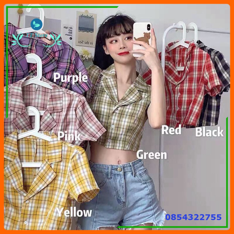 (mới) ÁO SƠ MI CROPTOP TAY NGẮN KẺ SỌC CARO THỜI TRANG CHO NỮ - CROPTOP CARO KẺ TÍM ĐEN ĐỎ HỒNG VÀNG XANH -👗TTshop👑